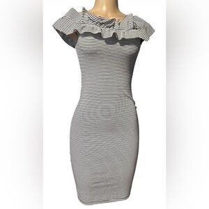 Zara Trafaluc ~ Size S ~ Black White Stripe Ruffle Shift Dress